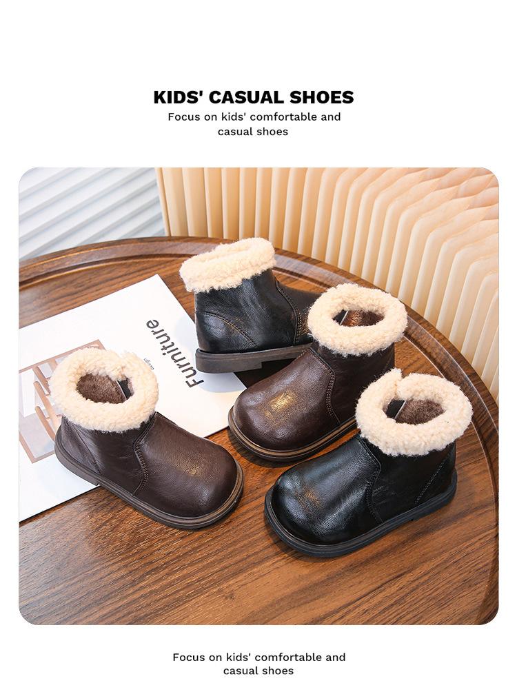 Children Winter Fleece Lined Short Boots British Casual Leather Shoes Warm Cotton Boots for Boys and Girls