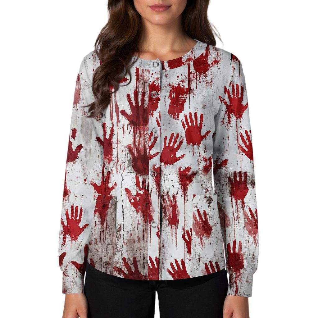 Women's Casual Fashion Single Breasted  Halloween Graphic Printed Nurses Tops