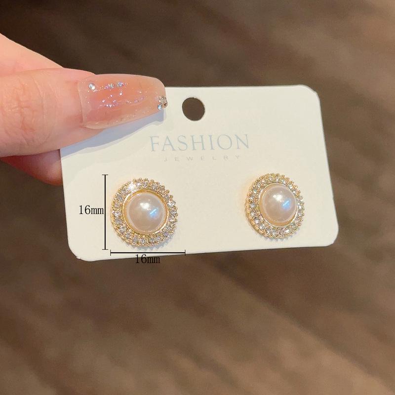 Sterling Silver Needle Korean Minimalist Diamond Pearl Stud Earrings