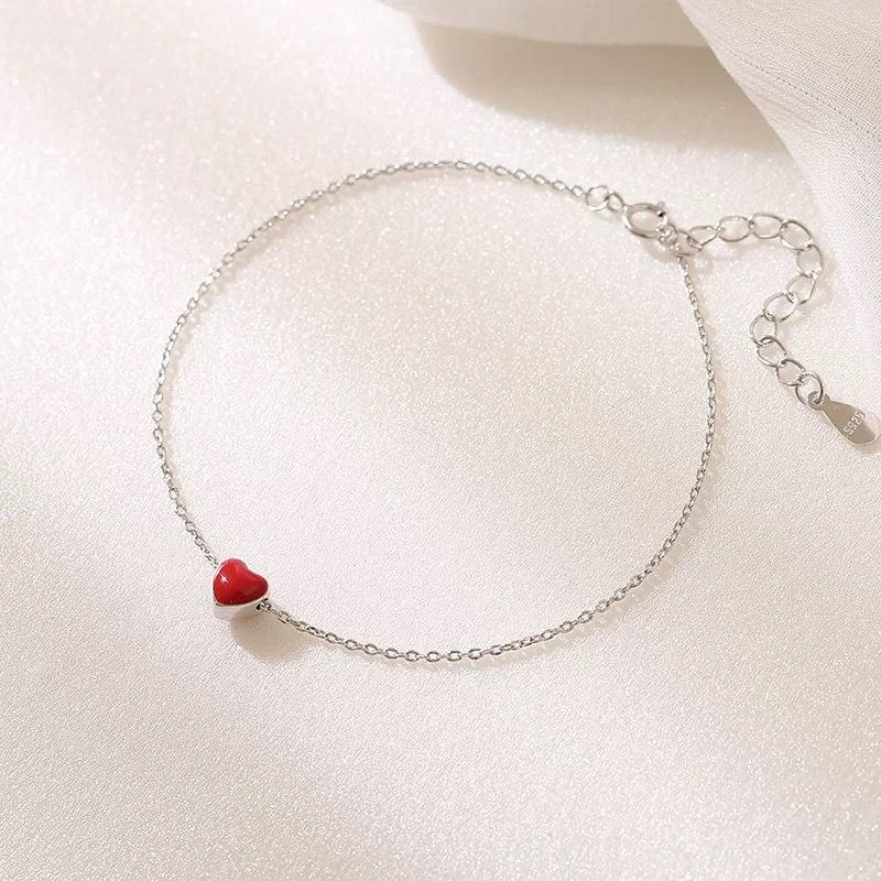 Beixi S925 Sterling Silver Red Heart Bracelet - Korean Style Sweet Peach Heart Women's Jewelry