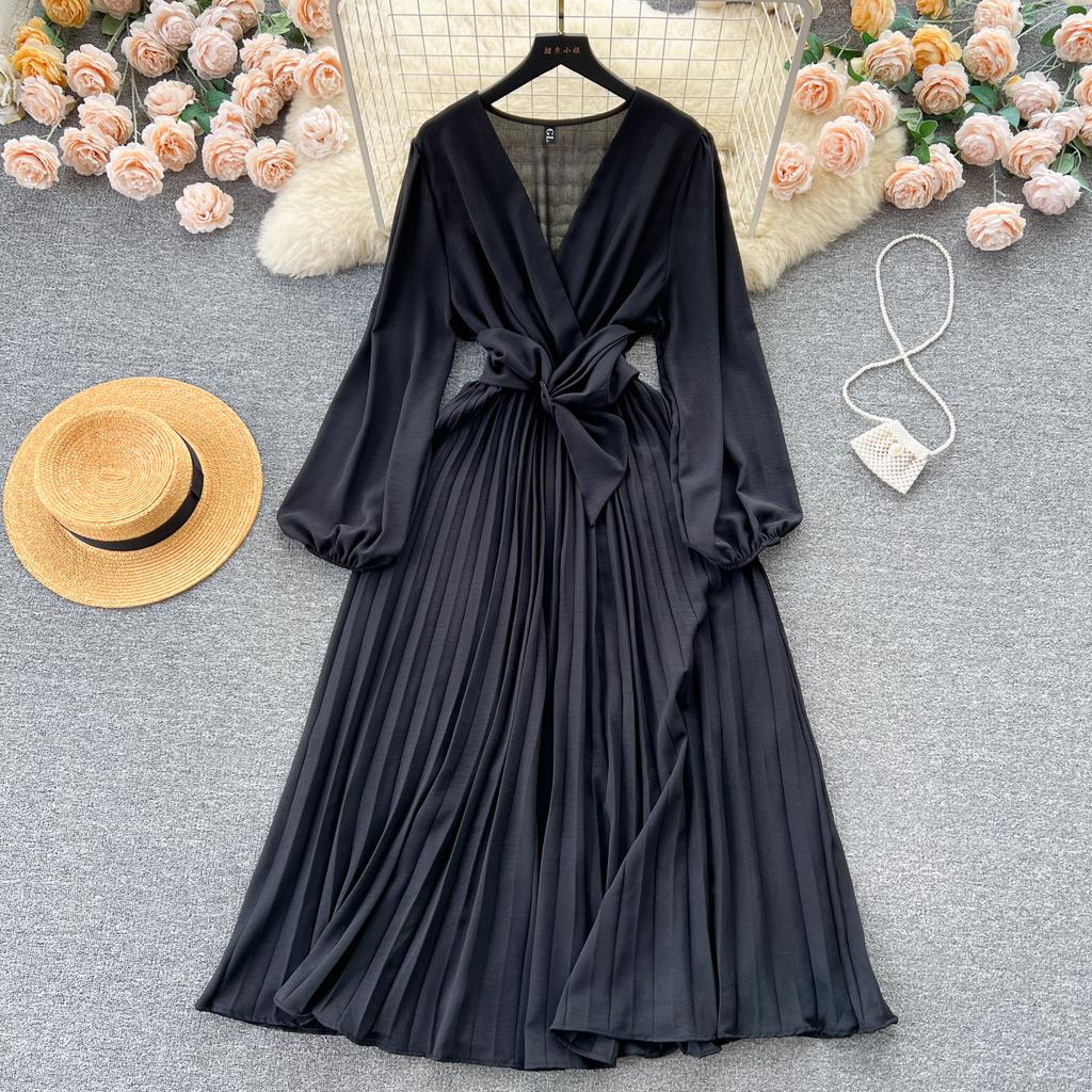 Autumn Women Vintage Pleated Midi Dress Elegant V-Neck Puff Long Sleeve High Waist A-Line Red Green Dresses
