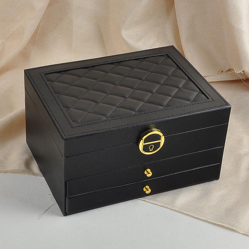Three-Layer Leather Jewelry Box with Lock for Rings, Bracelets, and Earrings