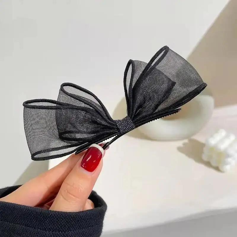 Black 2Pcs High End Duckbill Clip Side Clip Headdress Ins Black Mesh Bow Hair Clip Female Korean Version New Sweet Duckbill Clip