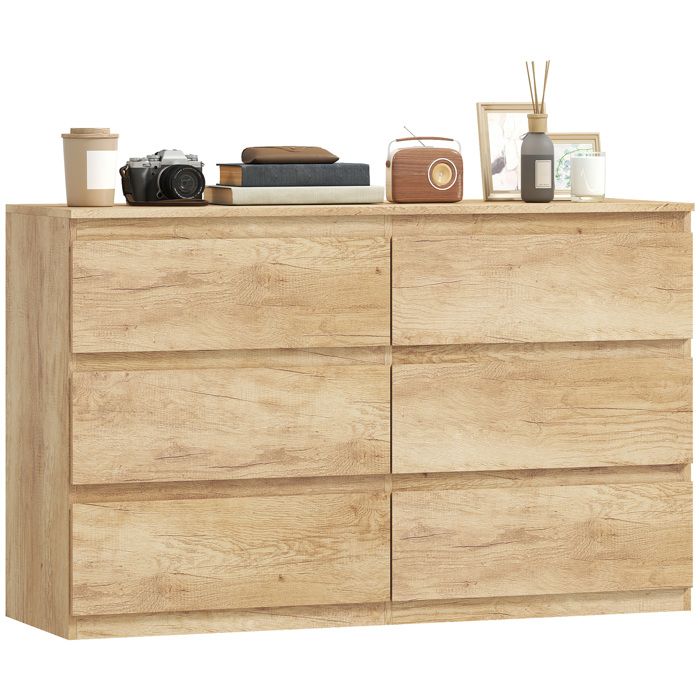Commode - HOMCOM - 6 tiroirs meuble rangement épuré style moderne chambre salon - bois - 120x39x75cm - chêne