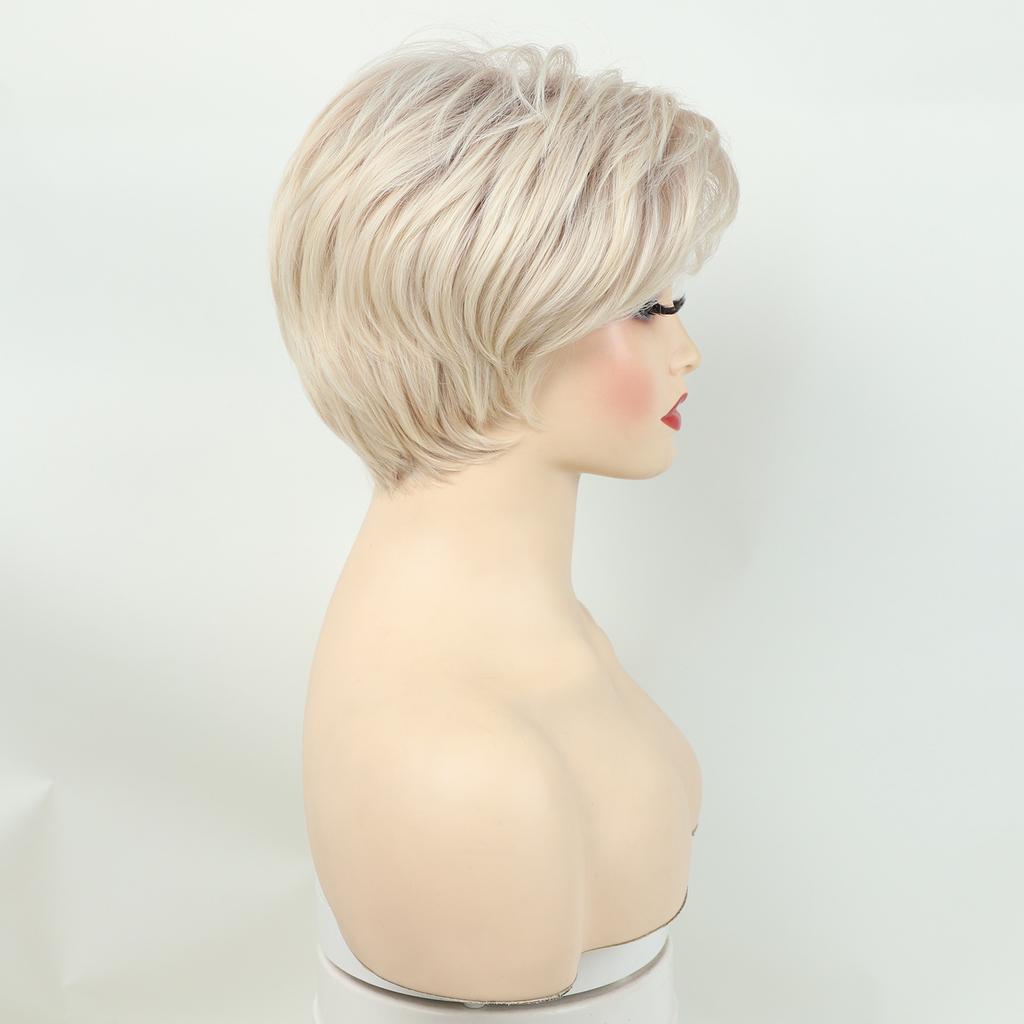 Parrucche Sintetiche Biondo Chiaro Stratificate con Frangia Corte Morbide Ondulate per Donne Uso Quotidiano Festa Cosplay Fibra Resistente al Calore