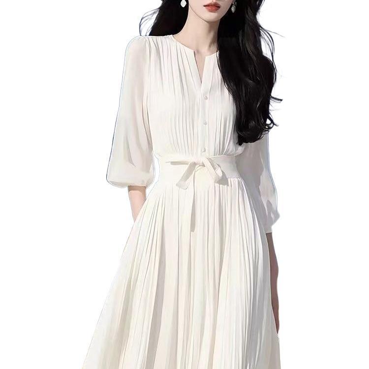 Rochie elegantă albă din șifon franțuzesc - Stil zeiță de primăvară/vară