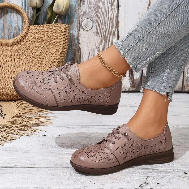 Fashion Ladies Shoes 2024 Hot Sale Lace-up Women's Flats Fashion Embroidery Casual Flat Shoes New Round Toe Flat Shoes Zapatos De Mujer
