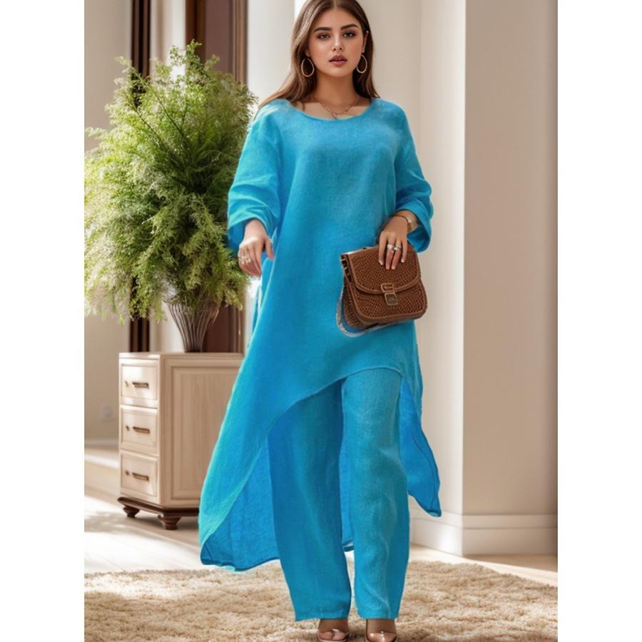 New Women's Cotton Linen Fashion Casual Plus Size Irregular Long Sleeve Set Wide Leg Pants Two Piece Outfit