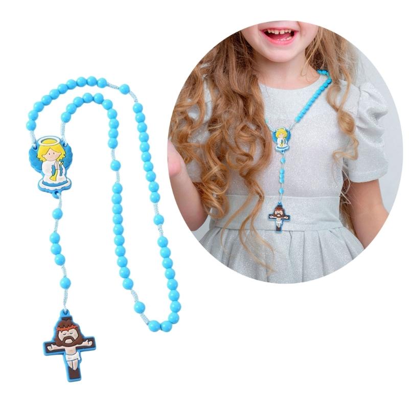 2 Pack Religious Gift Set for Catholic Children Prayer Beads Rosary Necklace Including Medals and Crosses Pendant Charm