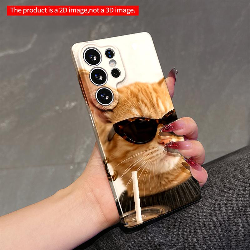 2DFlat Samsung phone case Sunglasses Cat with Drink Straw Applicable to Galaxy S22 S23 S24 S25ULTRA S26 A12 A13 A14 A15 A16