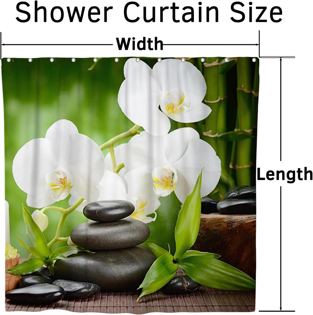Zen Spa Shower Curtain Black Basalt Zen Stones Japanese Flowers Bamboo Leaves Spiritual Meditation Shower Curtain for Bathroom