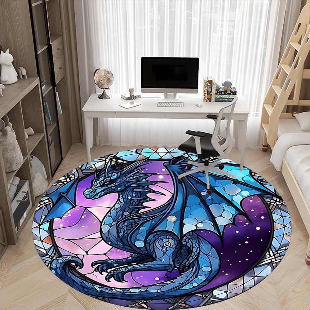 1pc StainedGlass Dragon Office Round Area Rug, Under Office Chairs Bedroom Living Room Home Decor, Room Deco, Available in Various Sizes