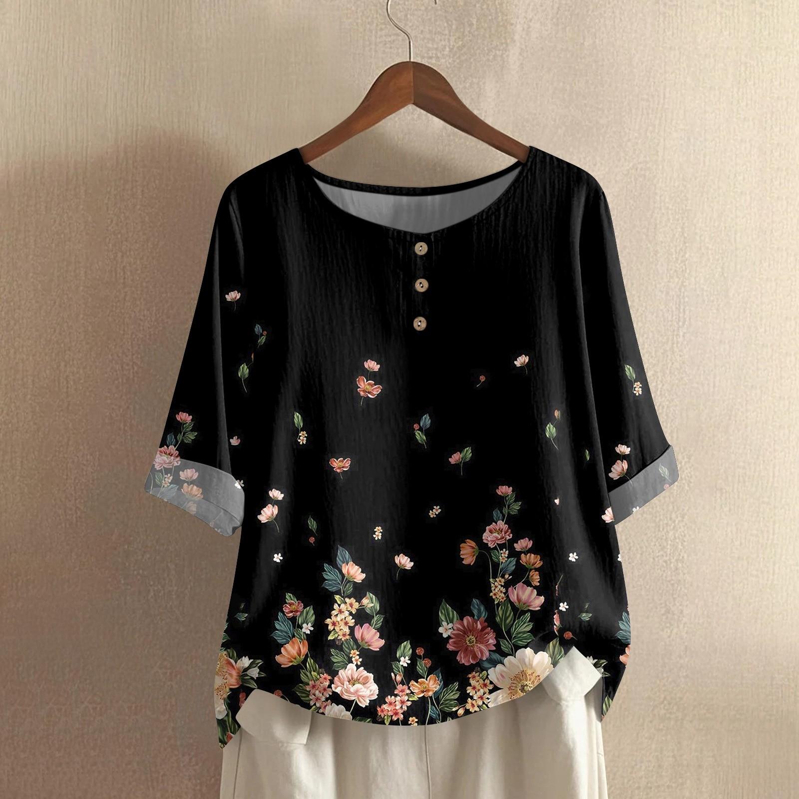 

Жіноча Модна І Повсякденна Сорочка З Коротким Рукавом Круглим Вирізом Принтом Бавовняна І Льняна Блузка Топ XXL чорний