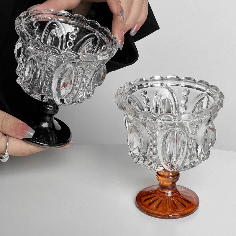 1/2pcs Retro Embossed Tall Glass Black Crystal Ice Cream Goblet Yogurt Dessert Cup Nordic Style Home Decor Creative Coffee Cup