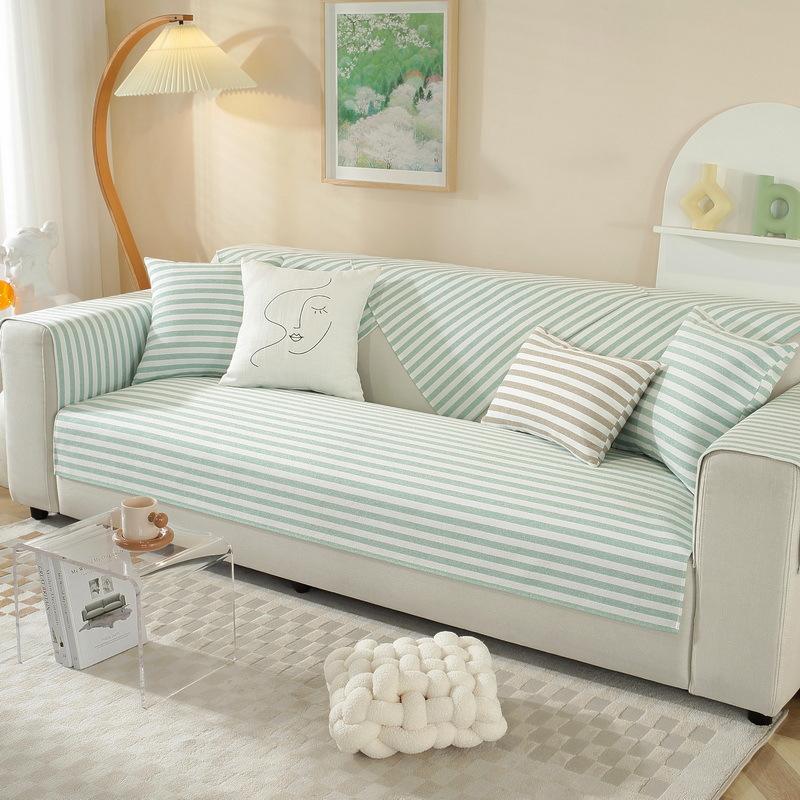 Short Plush Sofa Cover Striped Non-Slip Sofa Cushion Thickened Living Room Sofa Cushion Simple Sofa Backrest Armrests Soft