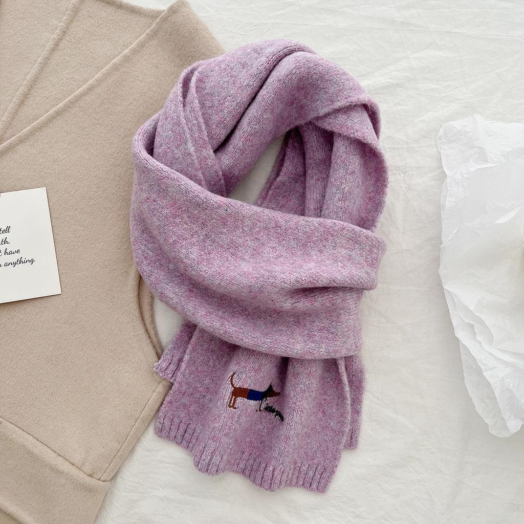New Korean Version of Dachshund Cartoon Embroidered Knitted Scarf To Keep Warm In Autumn and Winter, Youth Temperament Versatile Scarf