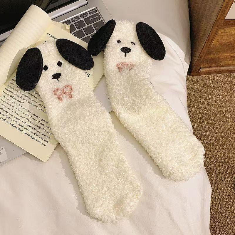 

Милые носки из кораллового флиса с щенками, носки средней длины, осенне-зимние, с добавлением бархата, утолщенные, домашние носки для сна, носки-грелки для пола, подарок