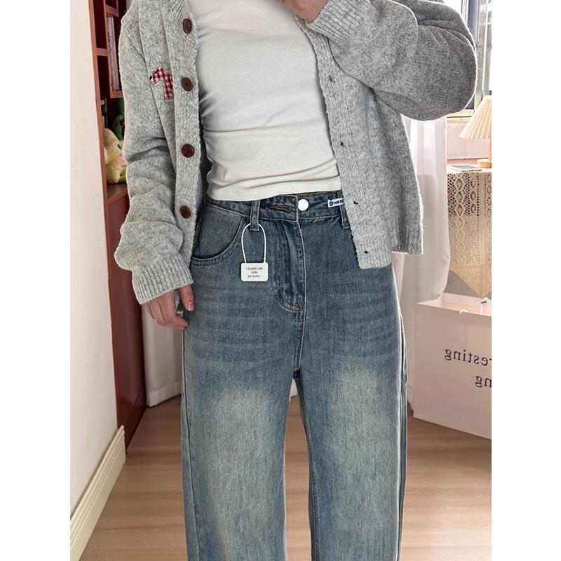 Women's High Waist Wide Leg Jeans Loose Fit Japanese Casual Washed Light Blue Straight Denim Pants