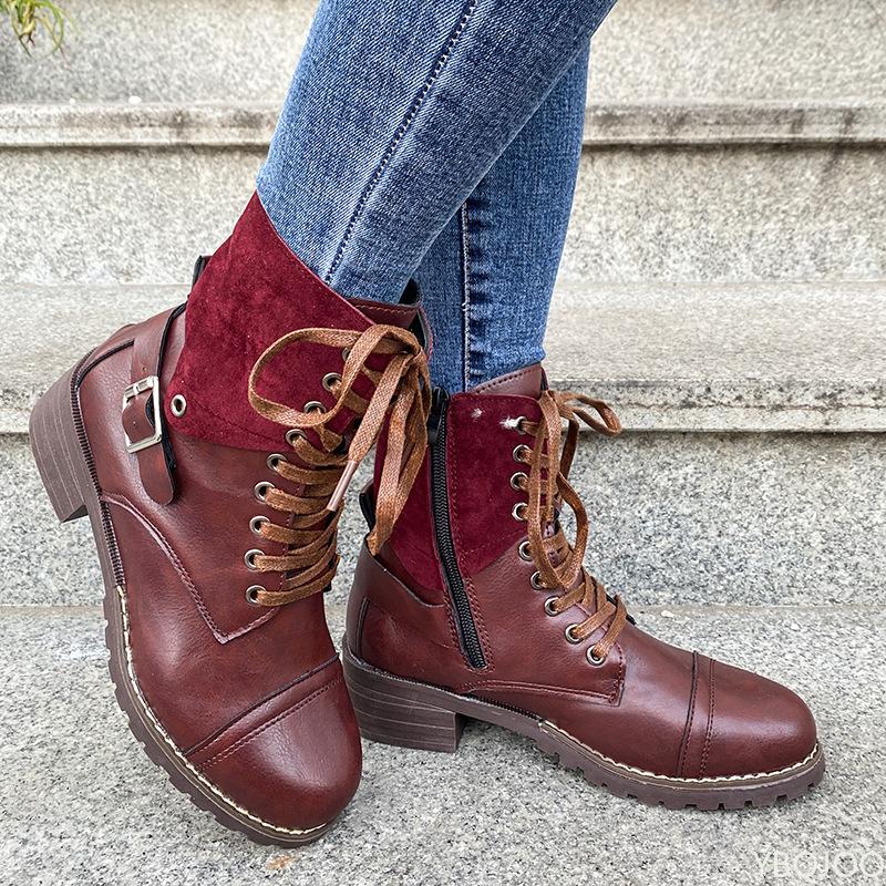 Fashionable Versatile New Spring Autumn Thick Heel Lace Up Women's Shoes Elegant Simple Solid Color Women's Low Cut Boots