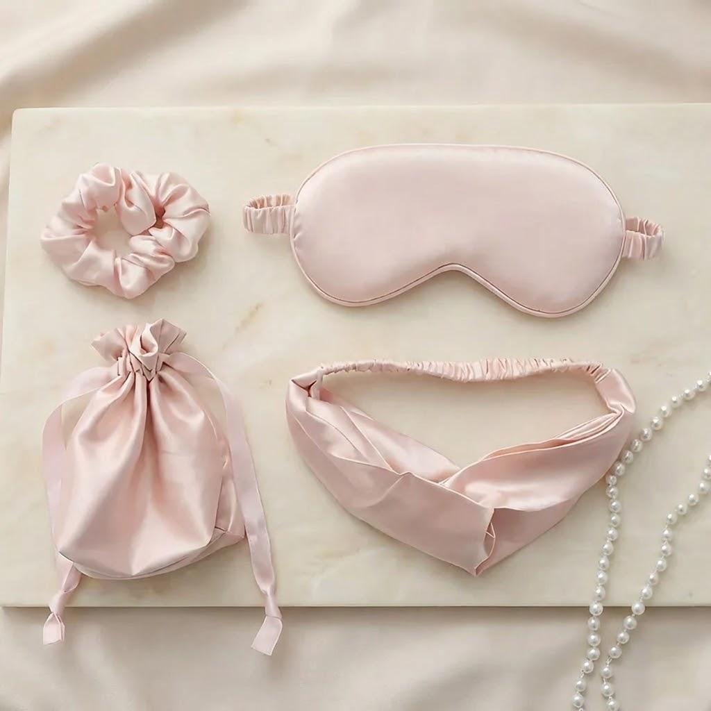

4PCS Large Silk Eye Masks with Hair Bands and Storage Bag - Sleep Set for Comfort and Protection
