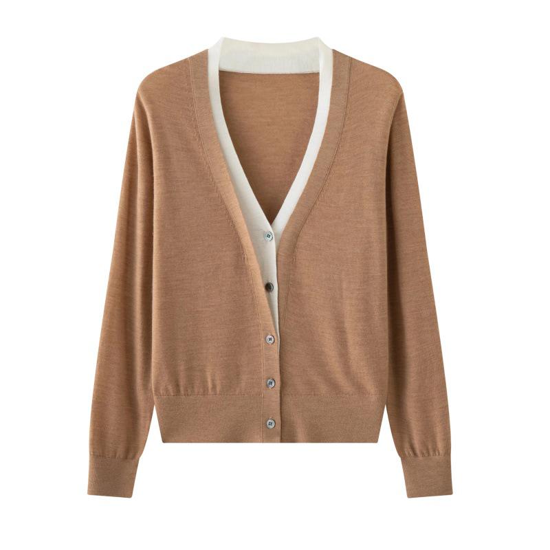 Women's V-Neck Color Block Cardigan with Yangzi Yarn Wool Knit Long Sleeves
