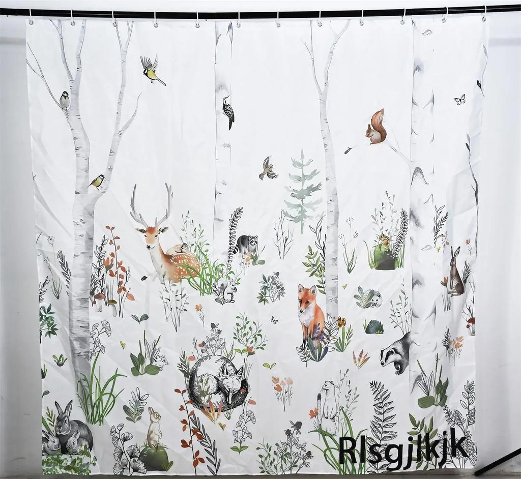 Forest Animals Shower Curtain jungle Trees Plant Wildlife Bird Bear Fox Deer Modern Minimalist Bathroom Shower Curtain