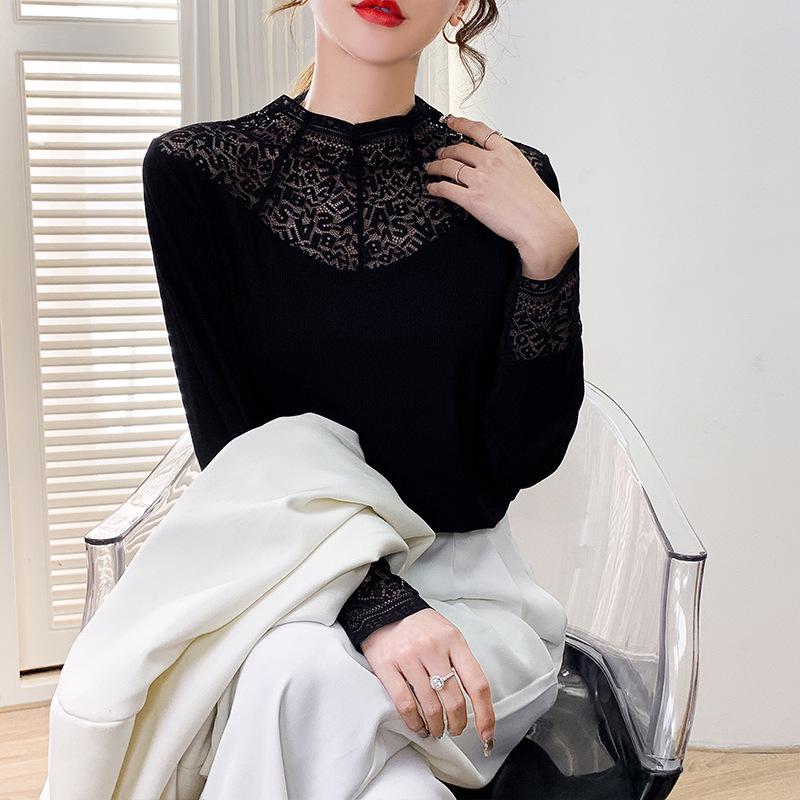 Yanzhiban 2024 Primăvară Top de Bază cu Dantelă Mărimi Mari - Gât Semi-Înalt, Mânecă Lungă.