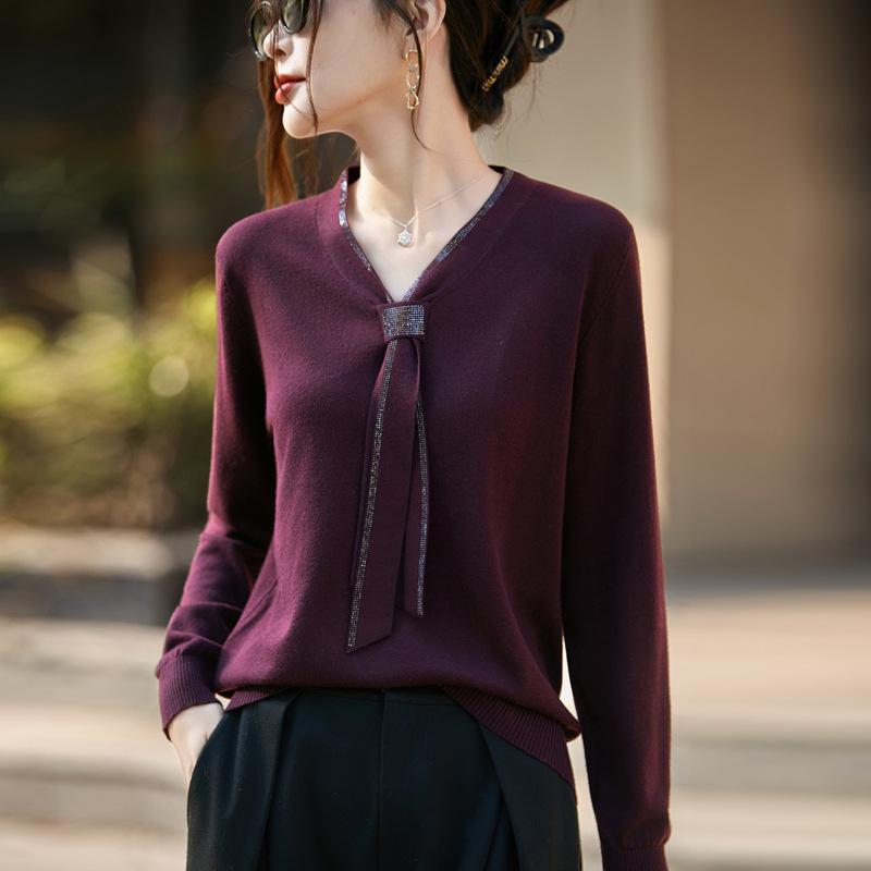 

Женский трикотажный свитер с V-образным вырезом и стразами большого размера - Осенняя мода, топ с длинным рукавом Extra Large