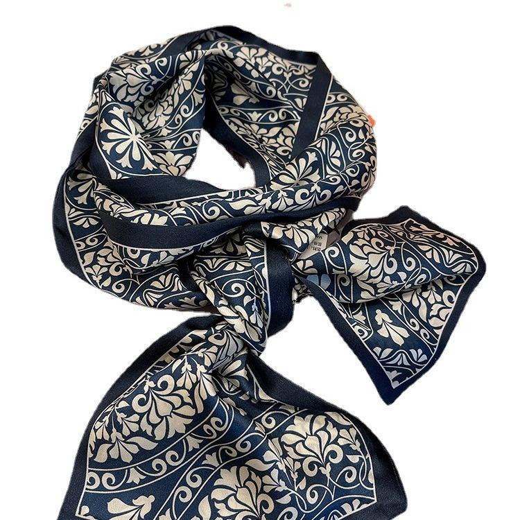 Blue Print In Memory! Intellectual Retro Mulberry Silk Silk Scarf Women'S Long Double-Layer Double-Sided Silk Scarf Streamer