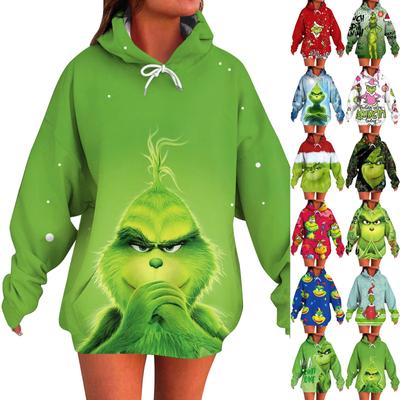 Ladies' Fashionable Long Sleeved Pullover With Christmas Print Hooded Pocket Sweatshirt