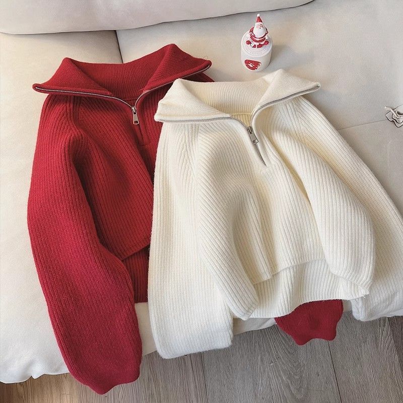 Maglione da Donna con Collo a Mezza Zip Pullover Morbido Lavorato a Maglia Manica Lunga Corto Autunno Inverno Ragazza Adolescente Moda Coreana Outfit
