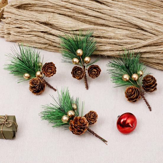 10 Pcs Artificial Pine Pick Mini Pine Needles Branches with Gold Berry Small Pinecones Stems for Holiday Crafts Christmas Tree DIY Garland Wreath