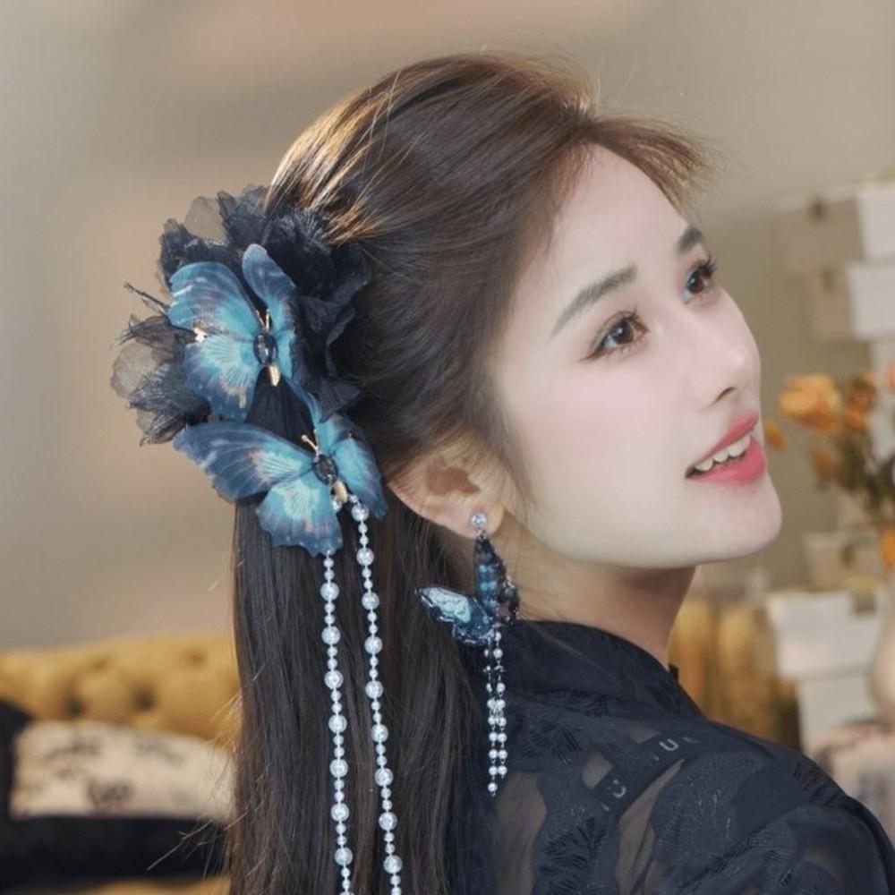 Large Size Butterfly Tassel Hair Claw Clips Beads Ancient Style Hairgrips  Women