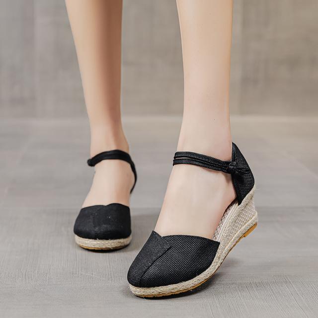 

Лоскутные женские льняные эспадрильи на танкетке, сандалии на высоком каблуке 6 см, летние элегантные женские туфли с закрытым носком, черные, красные, белые, бежевые 42 чёрный