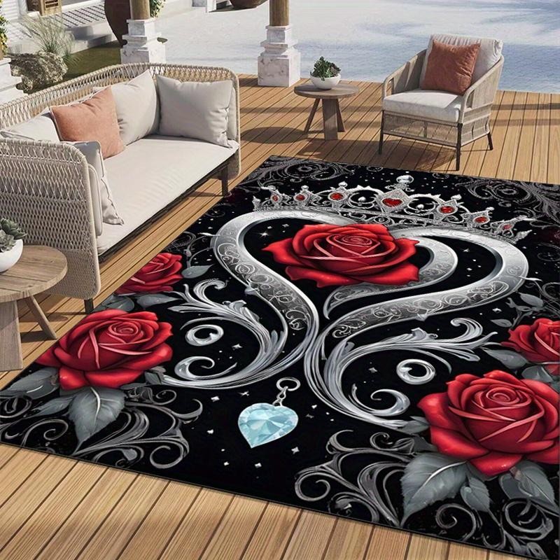 Romantic Roses and Crown Rug: Elegant Black and White Design for Romantic Couples | Luxury Home Decor Skid resistant carpet