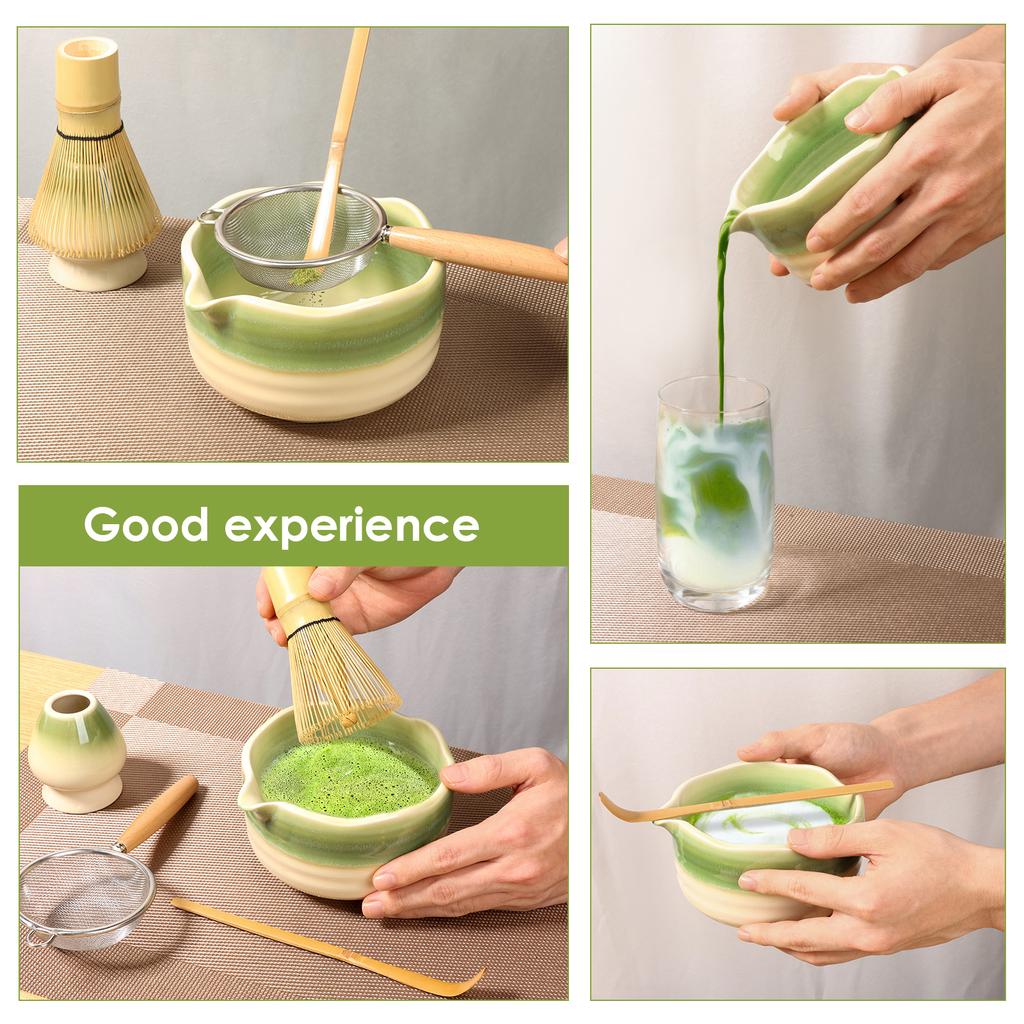5Pcs Japenese Matcha Set Ceramic Matcha Teaset with Mixing Whisk Teaspoon Strainer Lattle Tea-making Tool for Cafe Beveage Shop