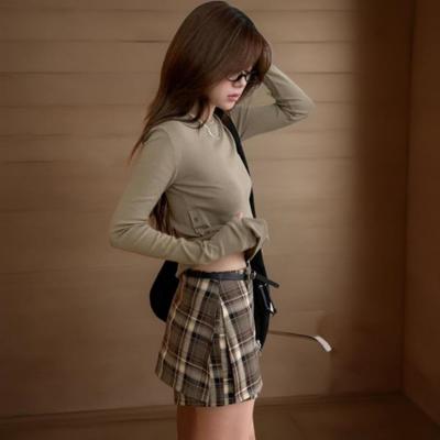 New Arrivals Open Run Women Autumn Check Belt Set Skirt Shorts