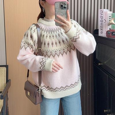Autumn and Winter Retro Lazy Style Fair Island Jacquard Design Sense Versatile and Thin Long-sleeved Knitted Sweater Women