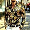 Men Luxury Satin Silk Shirt Gold Baroque Floral Print Long Sleeve Vintage Party Wedding Prom Formal Dress Shirts