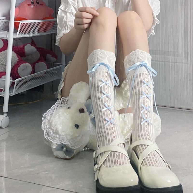 Meia Feminina Estilo Ballet Laço de Fita Meia Aberta Renda Listrada Fishnet Buracos Fishnet Longa Comprimento do Joelho