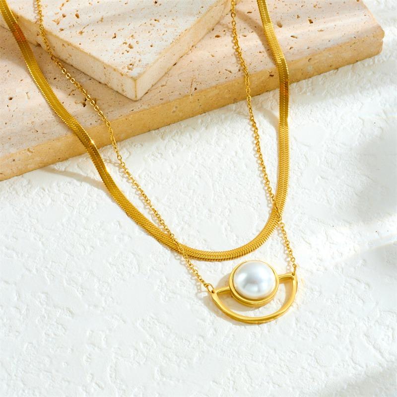 Vergoldete mehrschichtige Fischgräten-Perlenkette, Zarter doppeltkettiger Schlangen-Choker mit Süßwasserperlen-Anhänger, Luxuriöser Schmuck für Frauen Geschenk