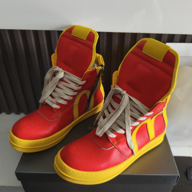 Red and Yellow Color Match Mens High Top Sneakers Shoes Flat Platform Height Increasing Big Size Trendy Fashion Cool Booties