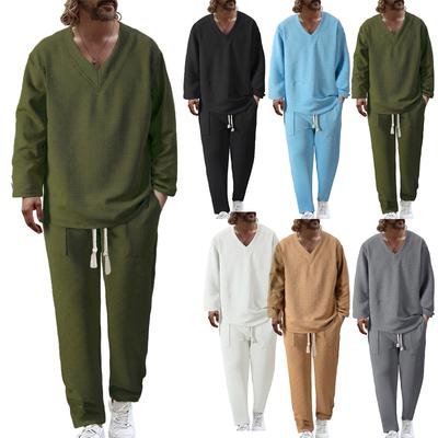Men'S Stand Up Collar Button Casual Long Sleeved Shirt Long Pants Sports Suit