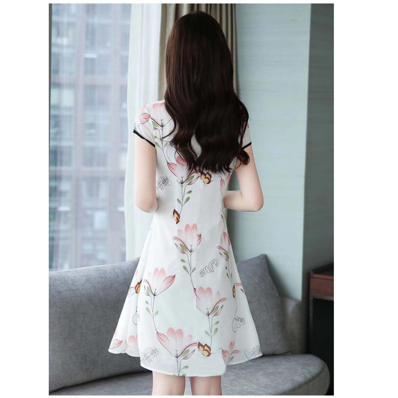 Women Cheongsam Dress Retro Chinese Ethnic Style Print Stand-up Collar Short Sleeve Slimming Waist