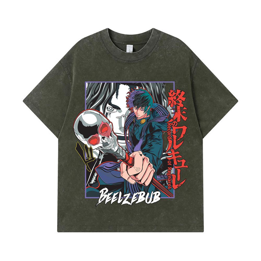 

275 GSM Washed T-shirts 100% Cotton Record of Ragnarok V4 Beelzebub Print Unisex Heavy Cotton T Shirt S армия зеленый