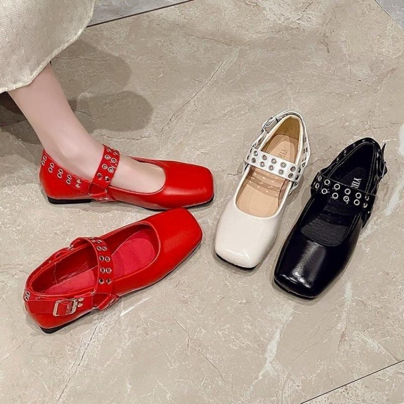 Square Toe Flat Mary Jane Women Vintage Metal Buckle Causal Brand Designer Fashion Ballet Shoes Riveted Shoes Female