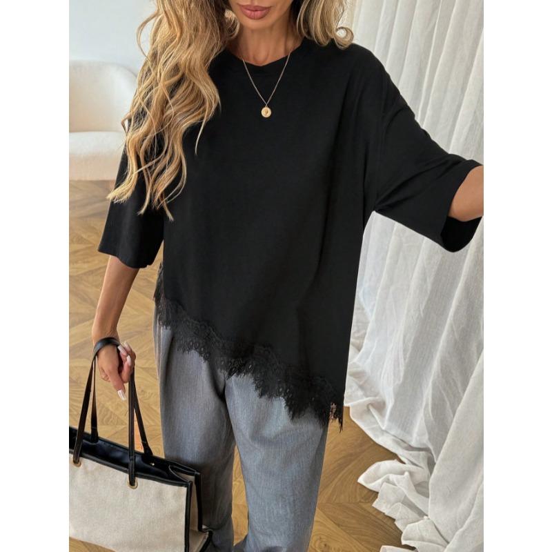 New Slanted Bottom Lace Splicing Short Sleeve T-shirt Sweet Irregular Top for Women Solid O Neck Loose Elegant Fashion Casual Office Blouse Basic Tees