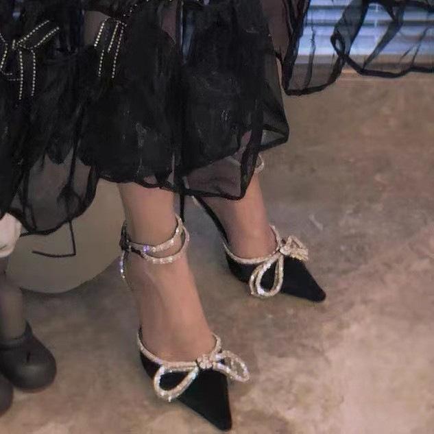 

Bow high heels women s new thin heel design sense niche single shoes pointed straps rhinestone sandals 39