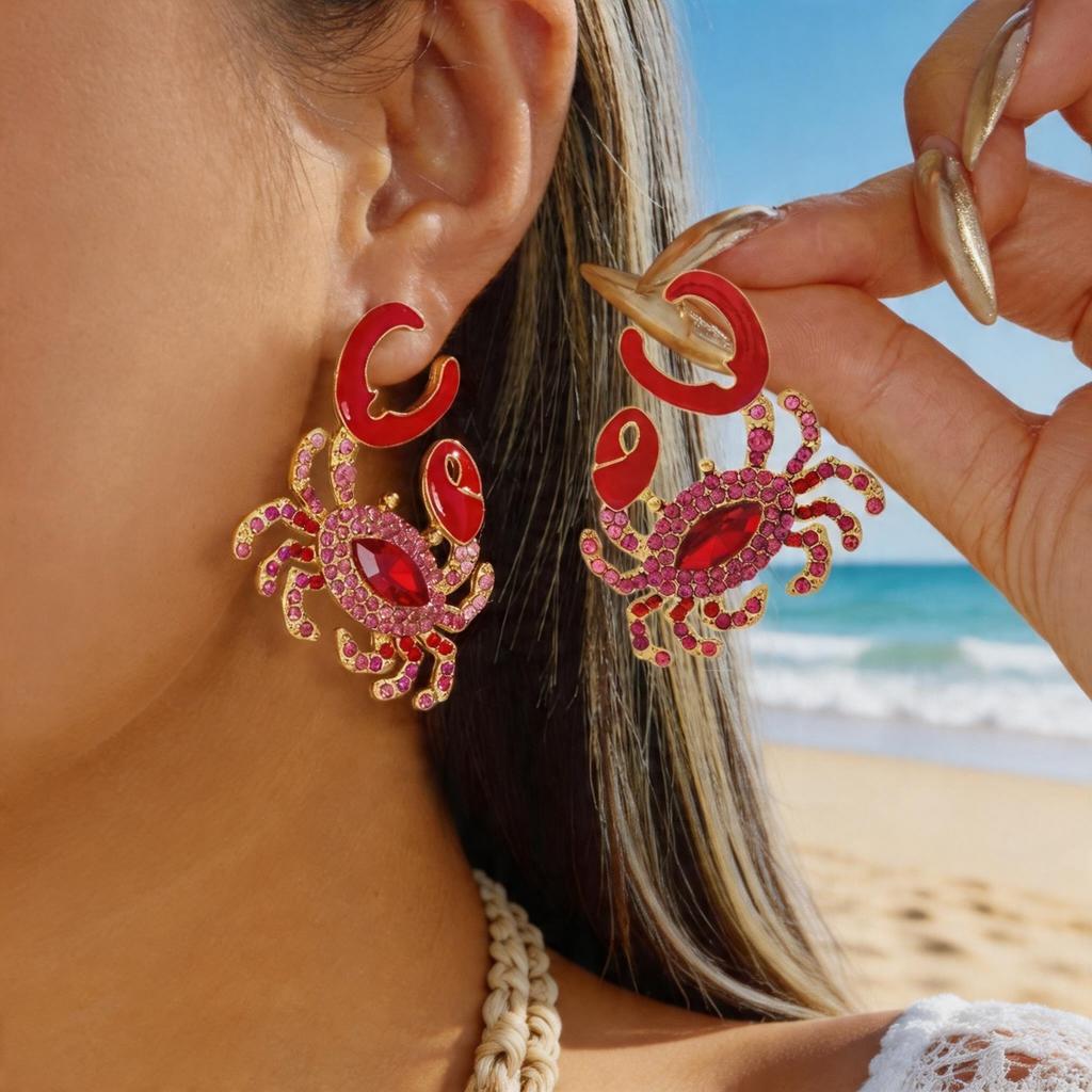 Boho Ocean Rhinestone Crab Dangle Earrings For Women Men Trendy Coastal Exaggerated Crab Claw Drop Earrings Summer Beach Jewelry