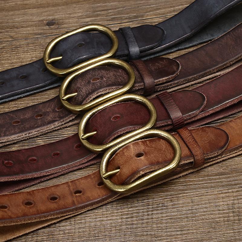 3.7CM Washed Retro Distressed Personalized Trimmed Top Layer Cowhide, Pure Copper Men's Leather Casual Jeans Belt